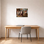 Unframed poster print of Peter Paul Rubens' 'The Judgment of Paris (1636)' displayed on a wall in an office