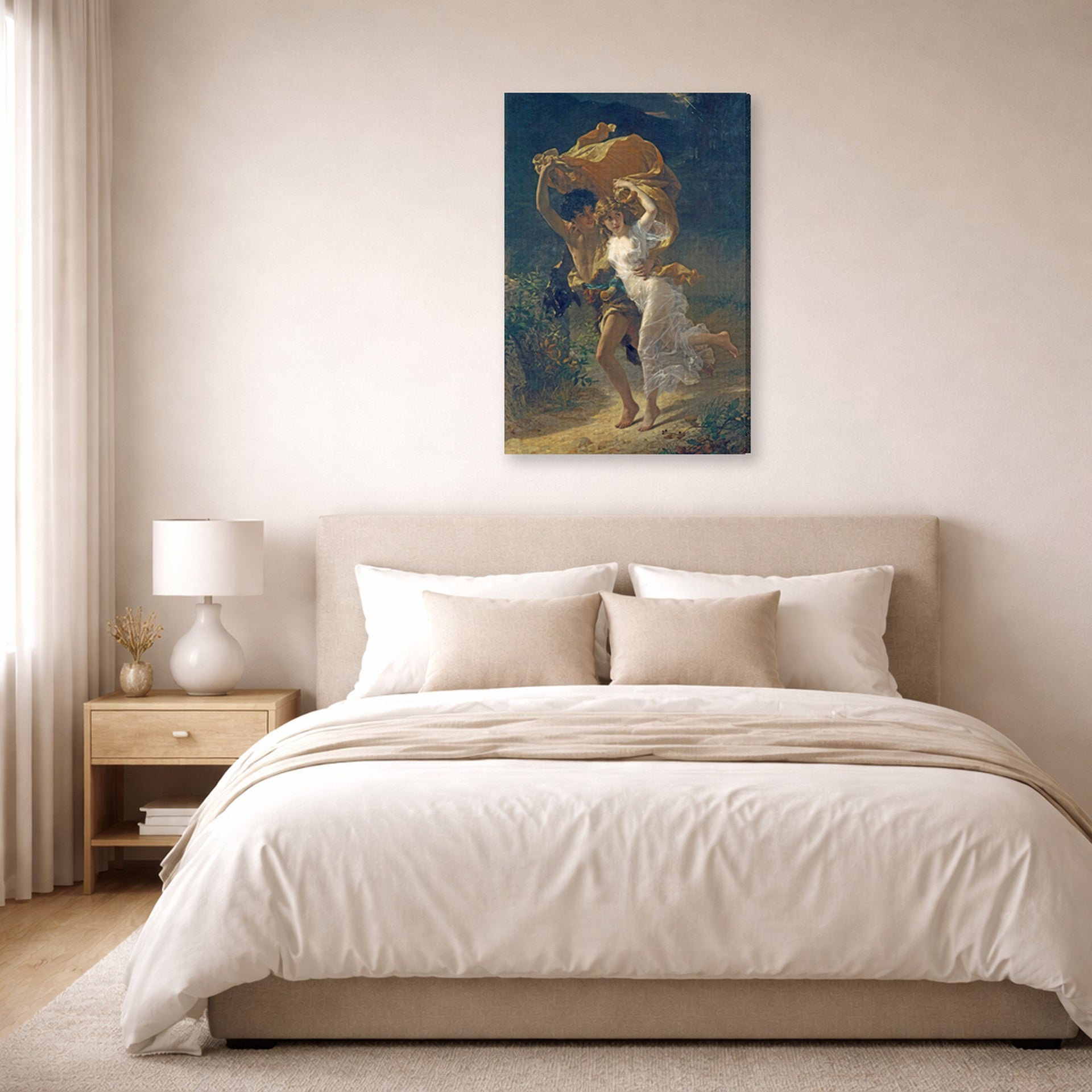 Gallery-wrapped canvas print of Pierre-Auguste Cot's The Storm displayed on a wall in a bedroom