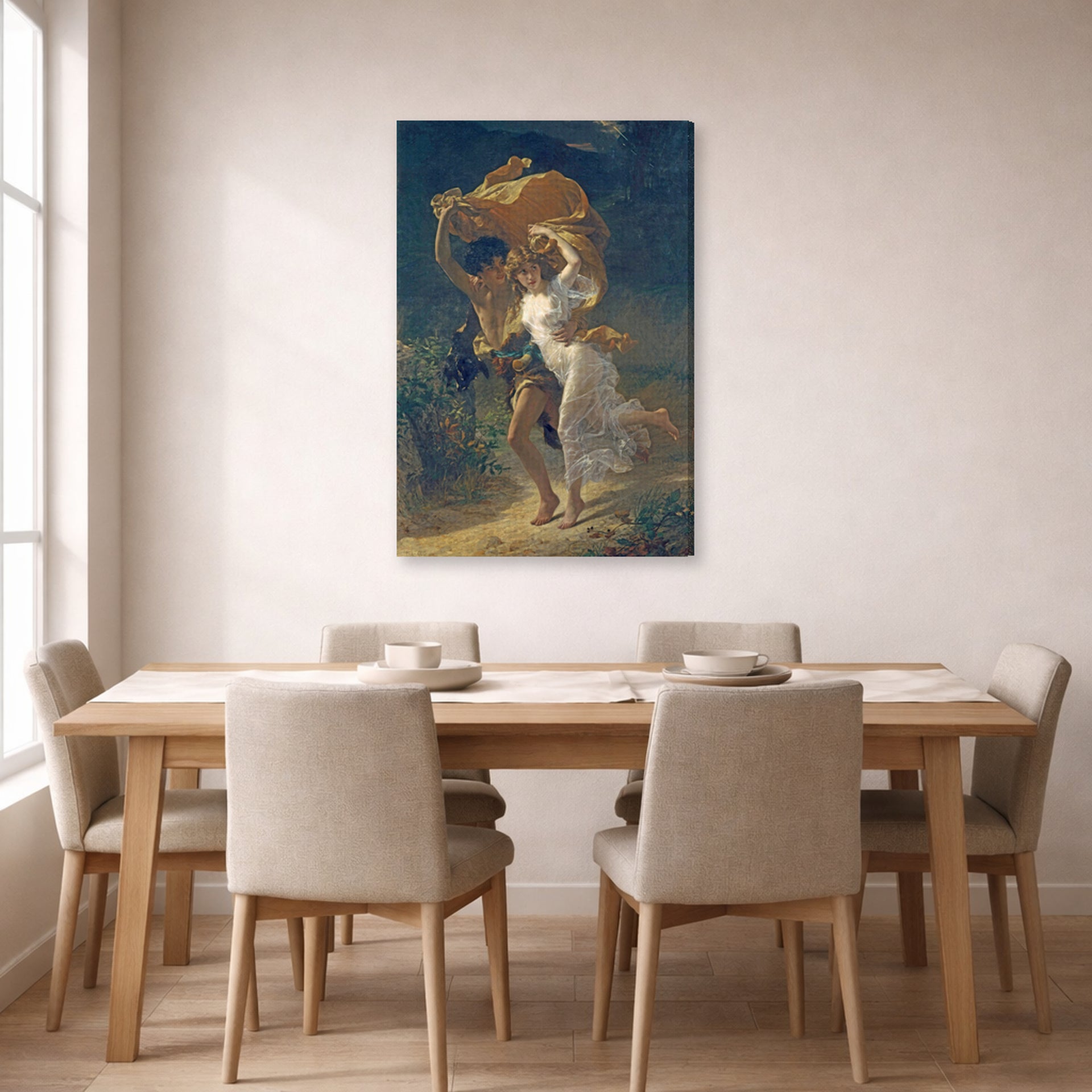 Gallery-wrapped canvas print of Pierre-Auguste Cot's The Storm displayed on a wall in a dining