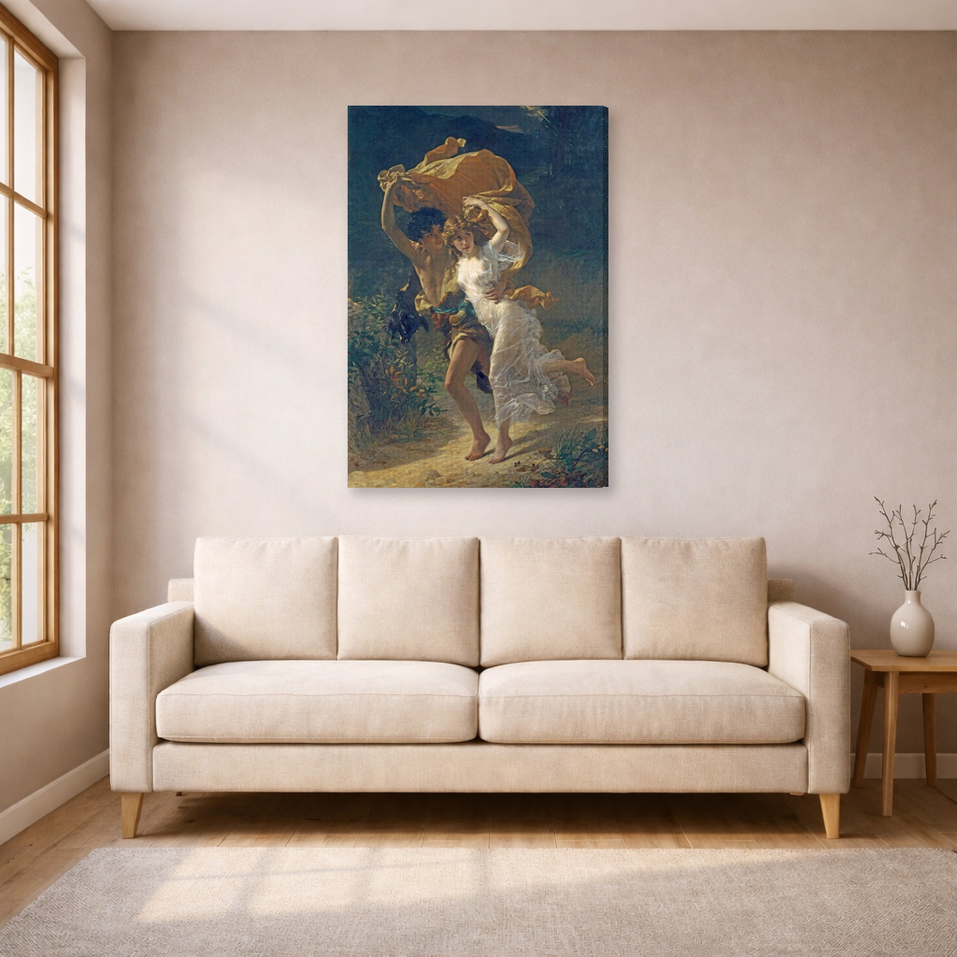 Gallery-wrapped canvas print of Pierre-Auguste Cot's The Storm displayed on a wall in a living room