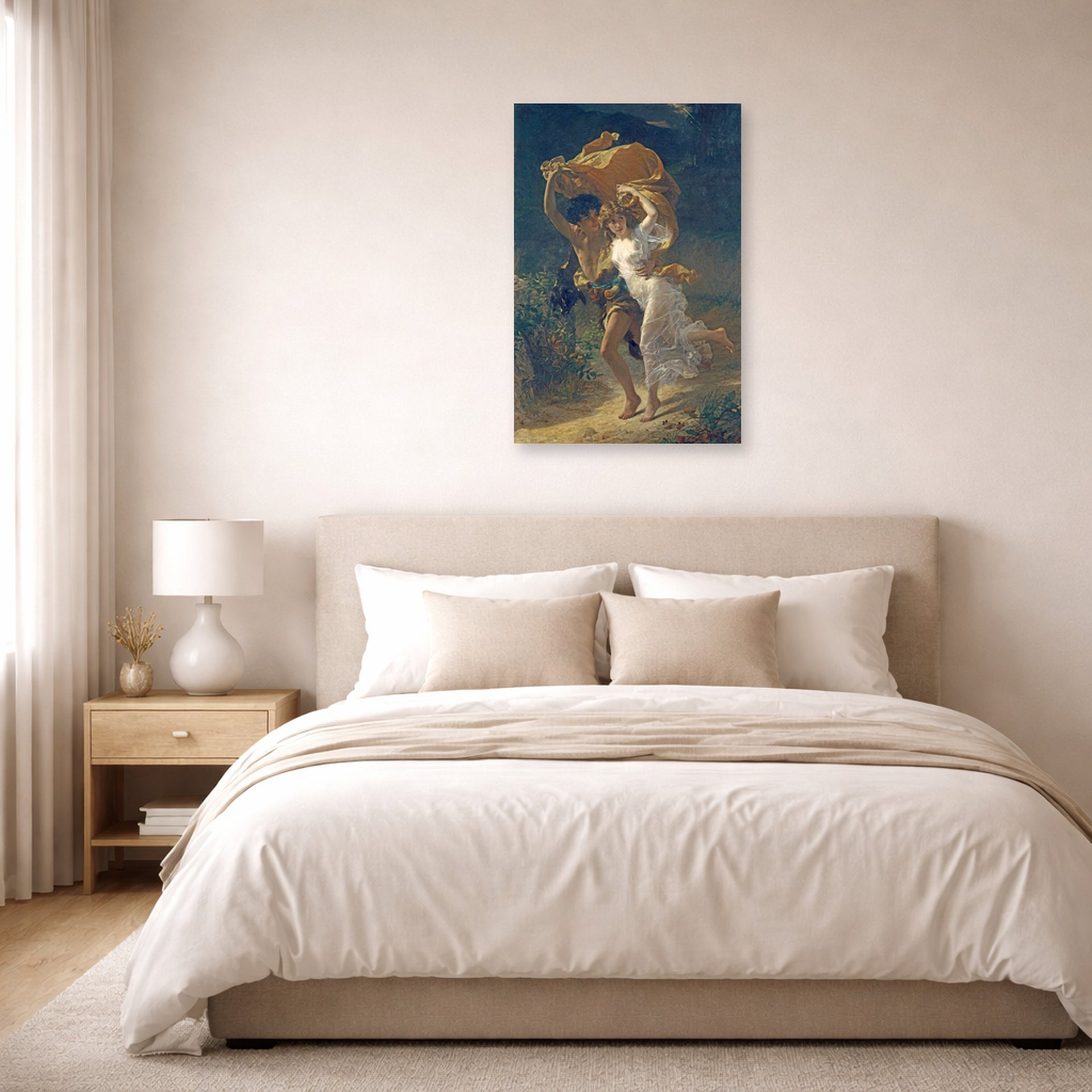 Unframed poster print of Pierre-Auguste Cot's The Storm displayed on a wall in a bedroom