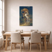 Unframed poster print of Pierre-Auguste Cot's The Storm displayed on a wall in a dining