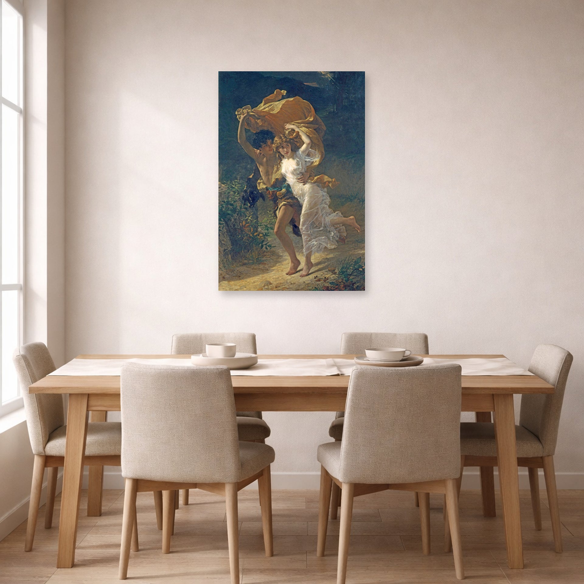 Unframed poster print of Pierre-Auguste Cot's The Storm displayed on a wall in a dining