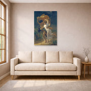 Unframed poster print of Pierre-Auguste Cot's The Storm displayed on a wall in a living room