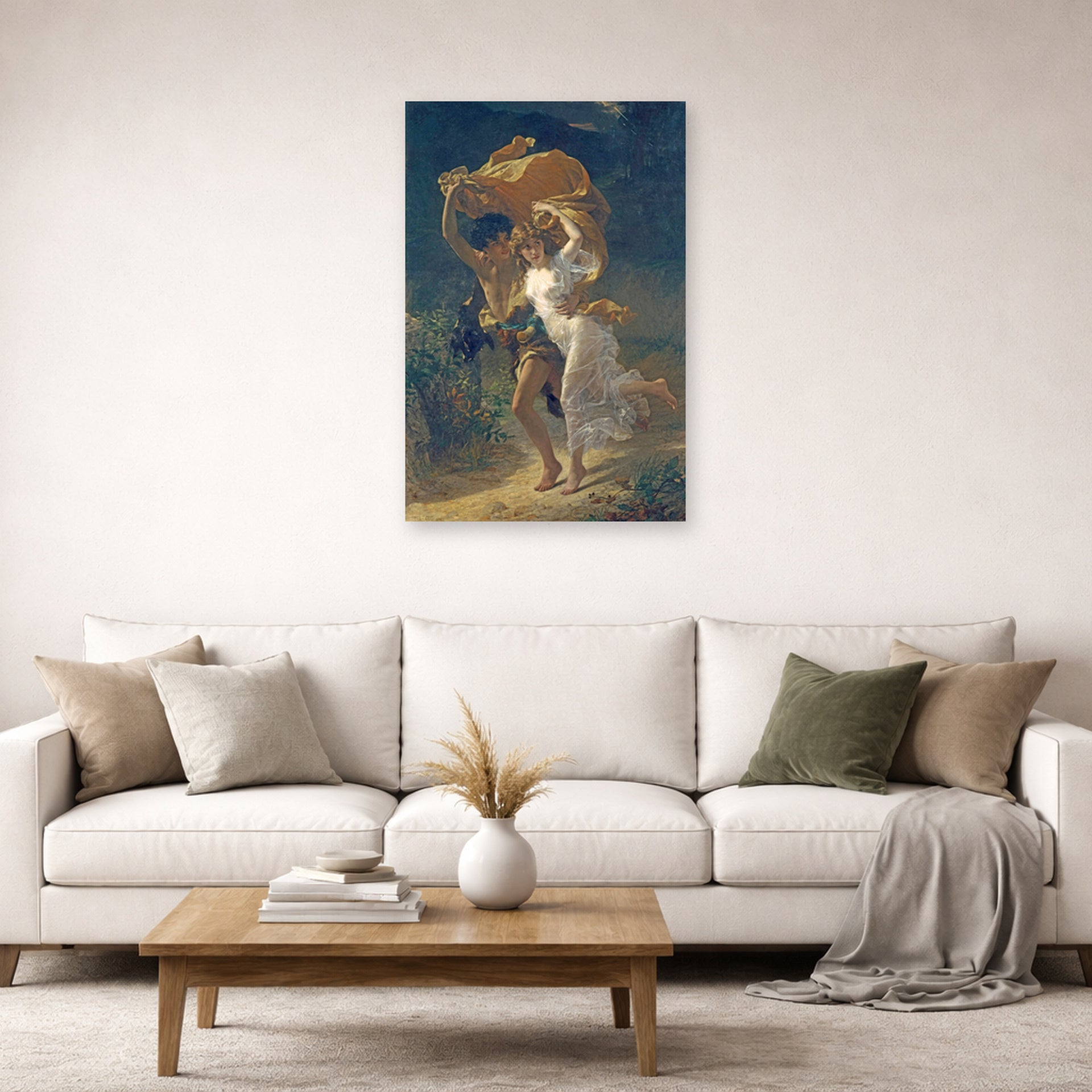 Unframed poster print of Pierre-Auguste Cot's The Storm displayed on a wall in a living room