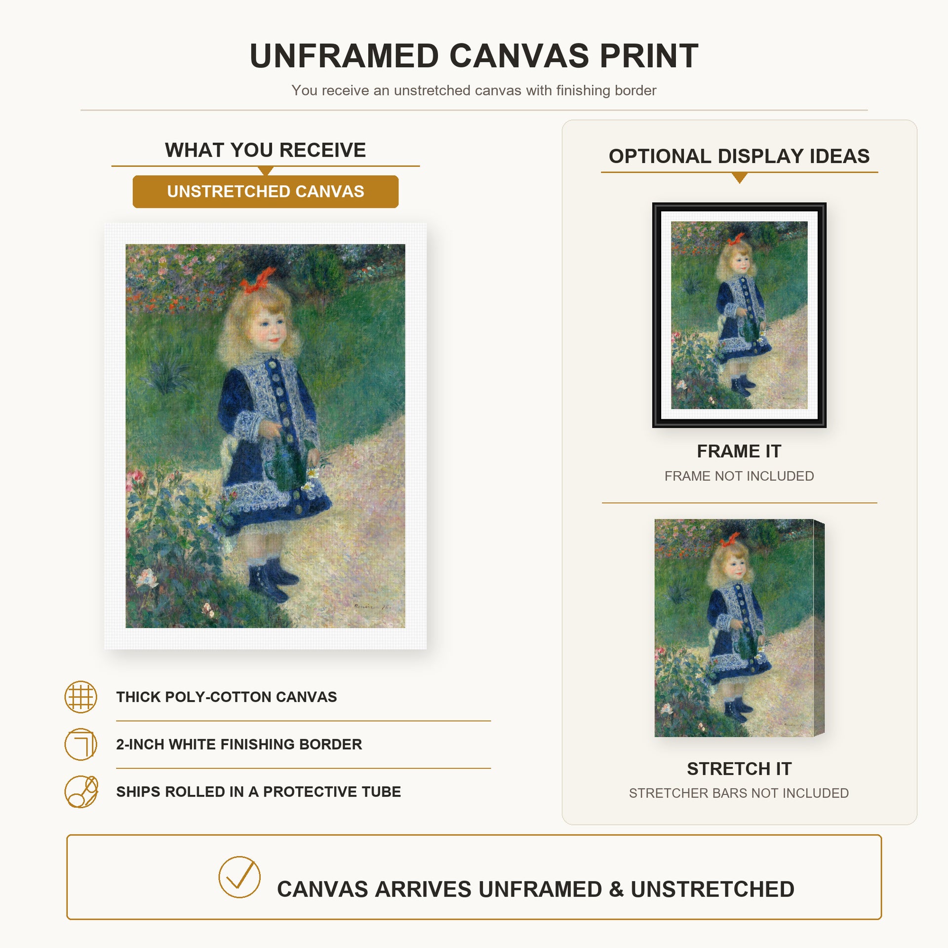 Pierre-Auguste Renoir - A Girl with a Watering Can canvas print size comparison and framing display infographic