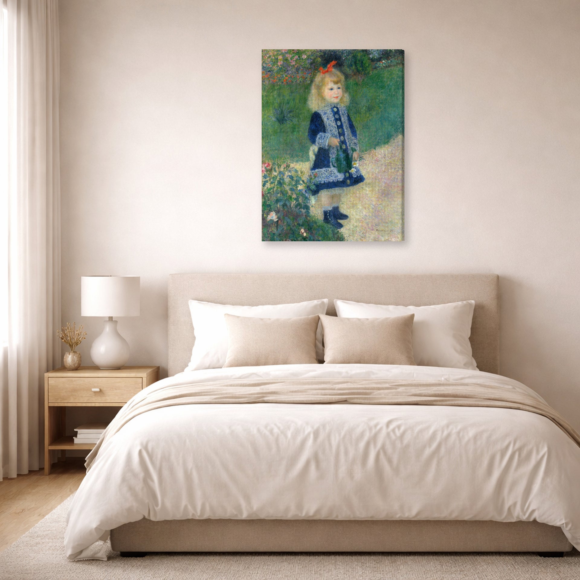 Gallery-wrapped canvas print of Pierre-Auguste Renoir's A Girl with a Watering Can displayed on a wall in a bedroom