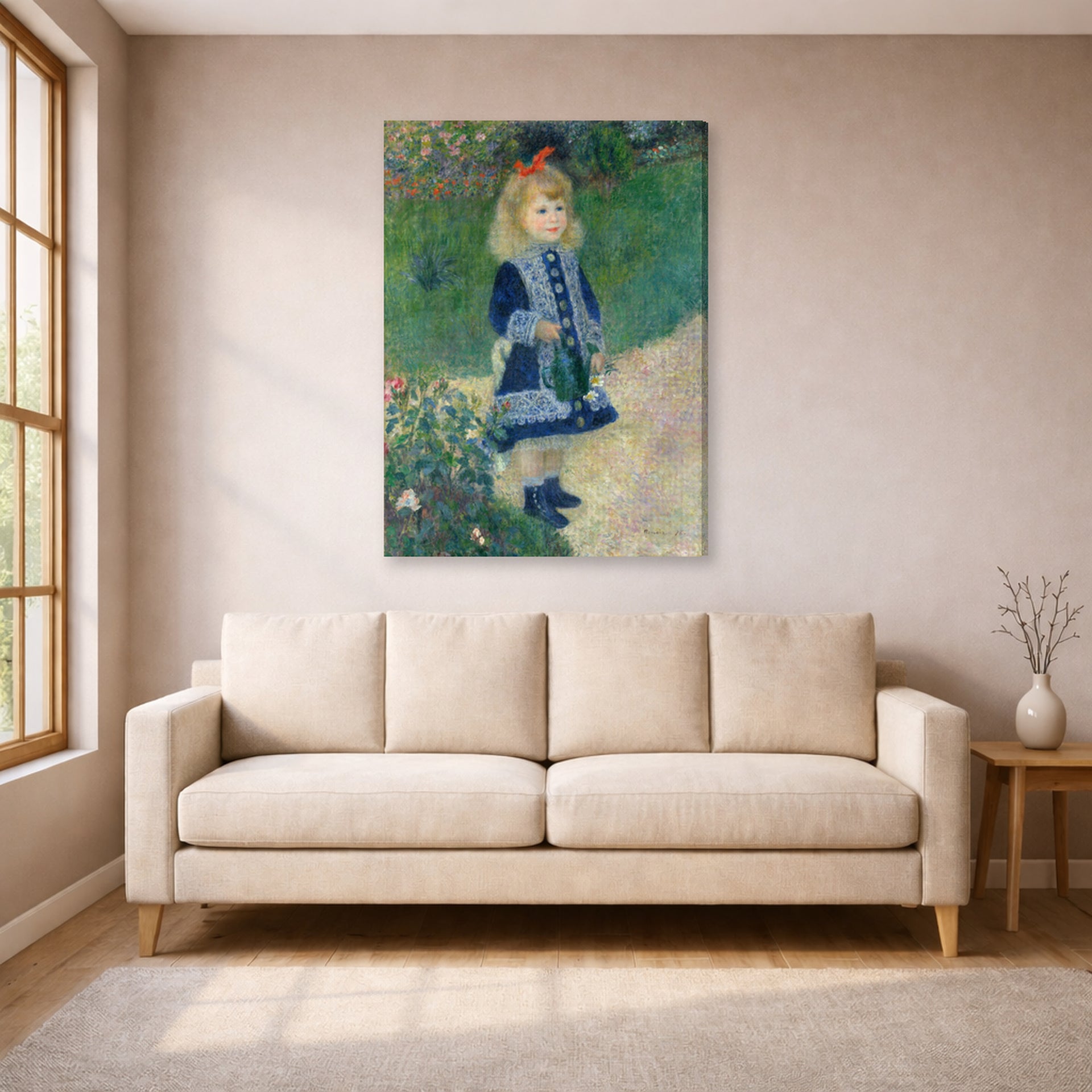 Gallery-wrapped canvas print of Pierre-Auguste Renoir's A Girl with a Watering Can displayed on a wall in a living room