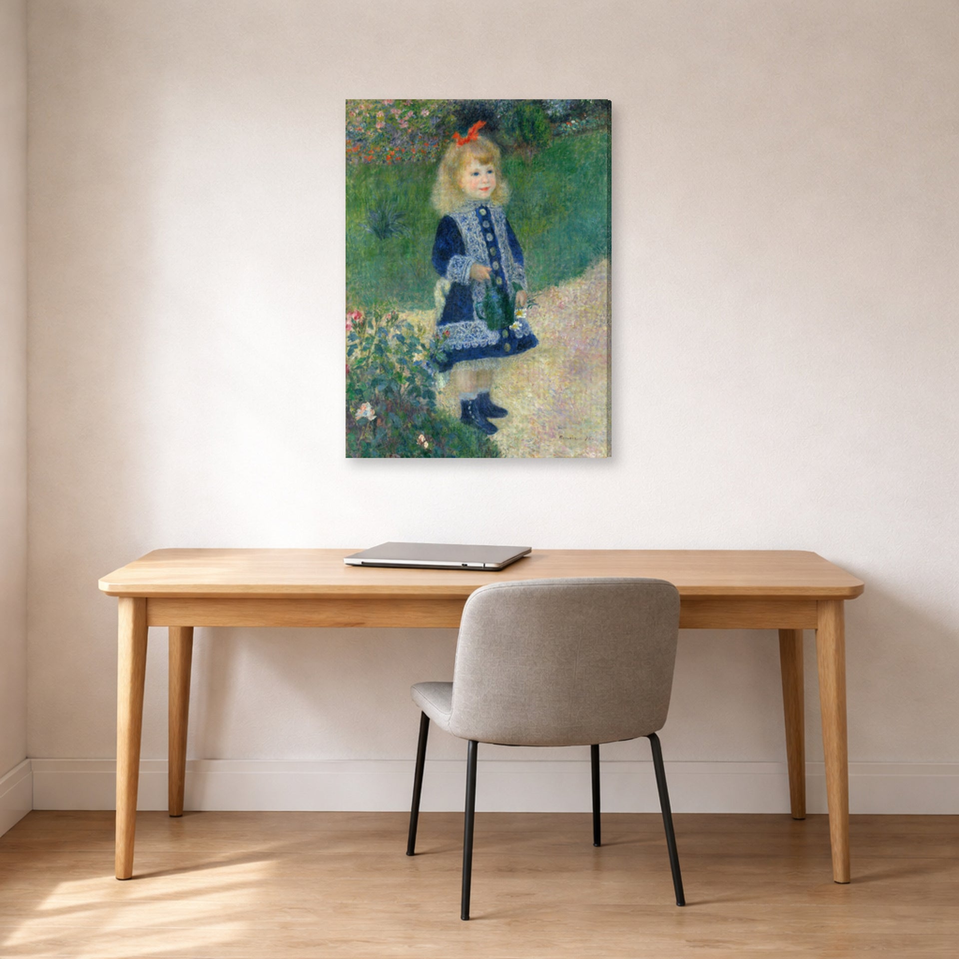 Gallery-wrapped canvas print of Pierre-Auguste Renoir's A Girl with a Watering Can displayed on a wall in an office