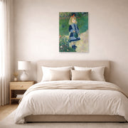 Unframed poster print of Pierre-Auguste Renoir's A Girl with a Watering Can displayed on a wall in a bedroom