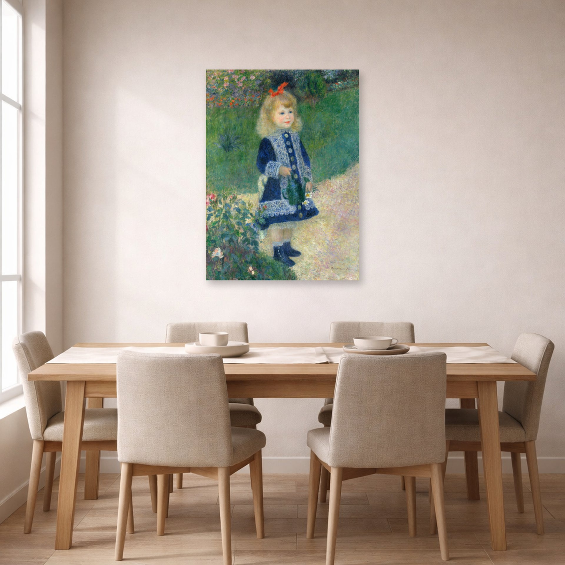 Unframed poster print of Pierre-Auguste Renoir's A Girl with a Watering Can displayed on a wall in a dining room