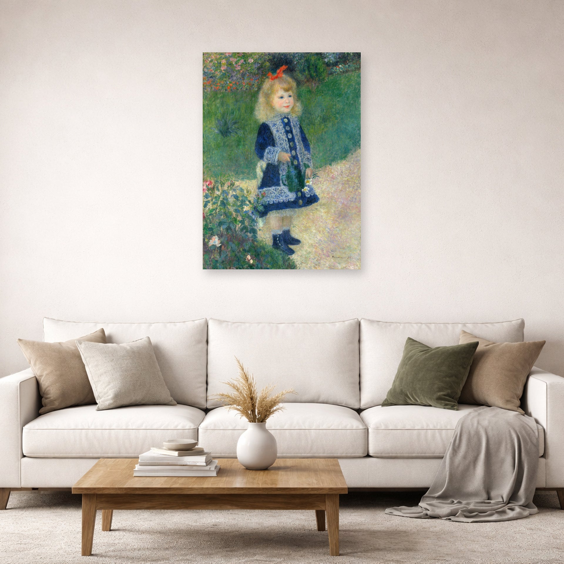 Unframed poster print of Pierre-Auguste Renoir's A Girl with a Watering Can displayed on a wall in a living room