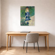 Unframed poster print of Pierre-Auguste Renoir's A Girl with a Watering Can displayed on a wall in an office