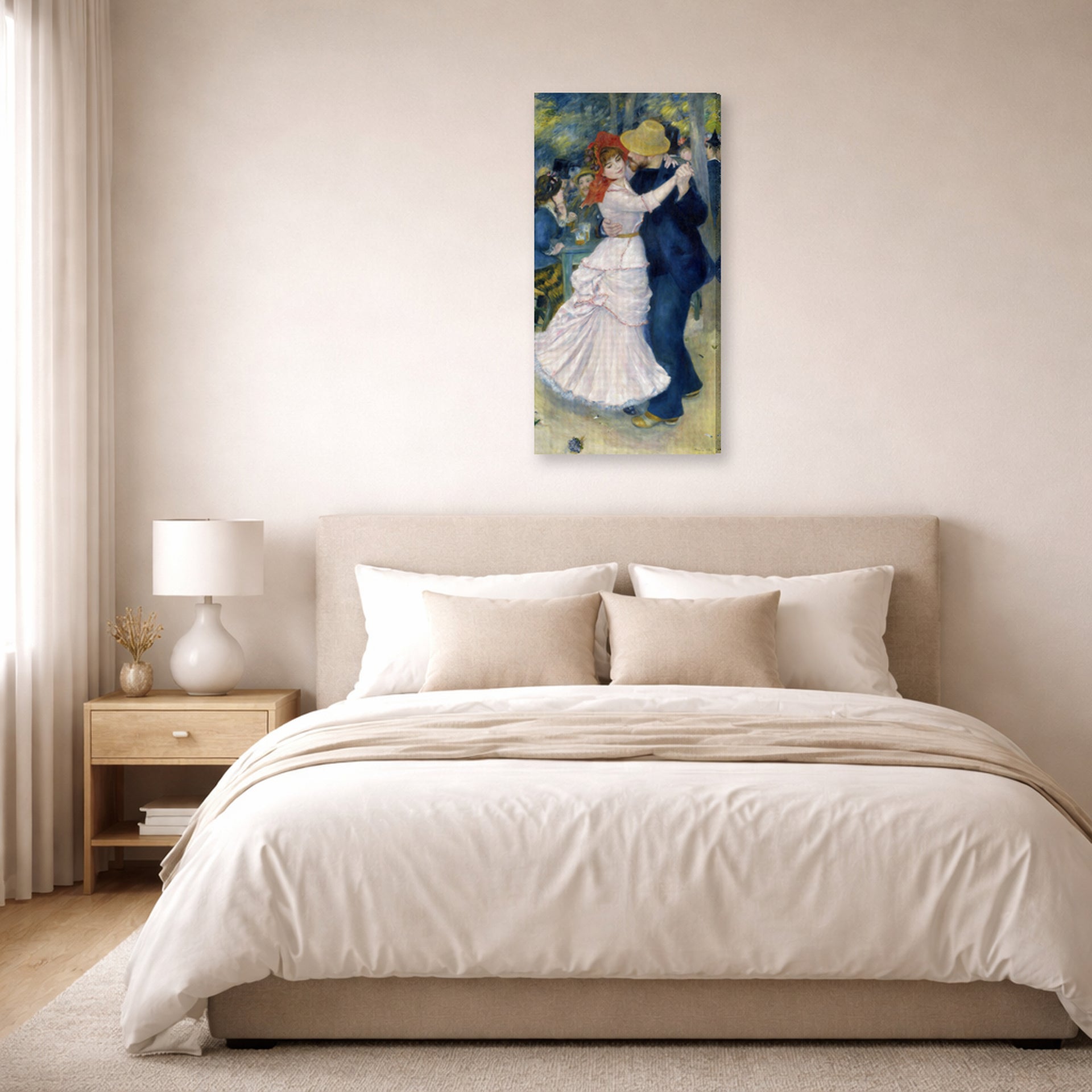 Gallery-wrapped canvas print of Pierre-Auguste Renoir's Dance at Bougival displayed on a wall in a bedroom