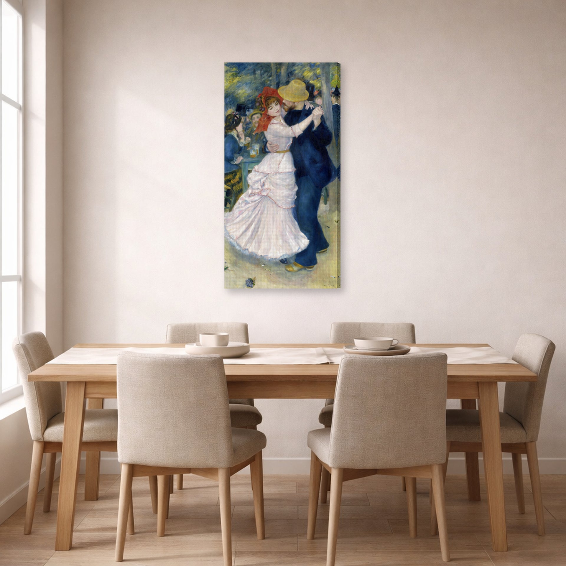 Gallery-wrapped canvas print of Pierre-Auguste Renoir's Dance at Bougival displayed on a wall in a dining room