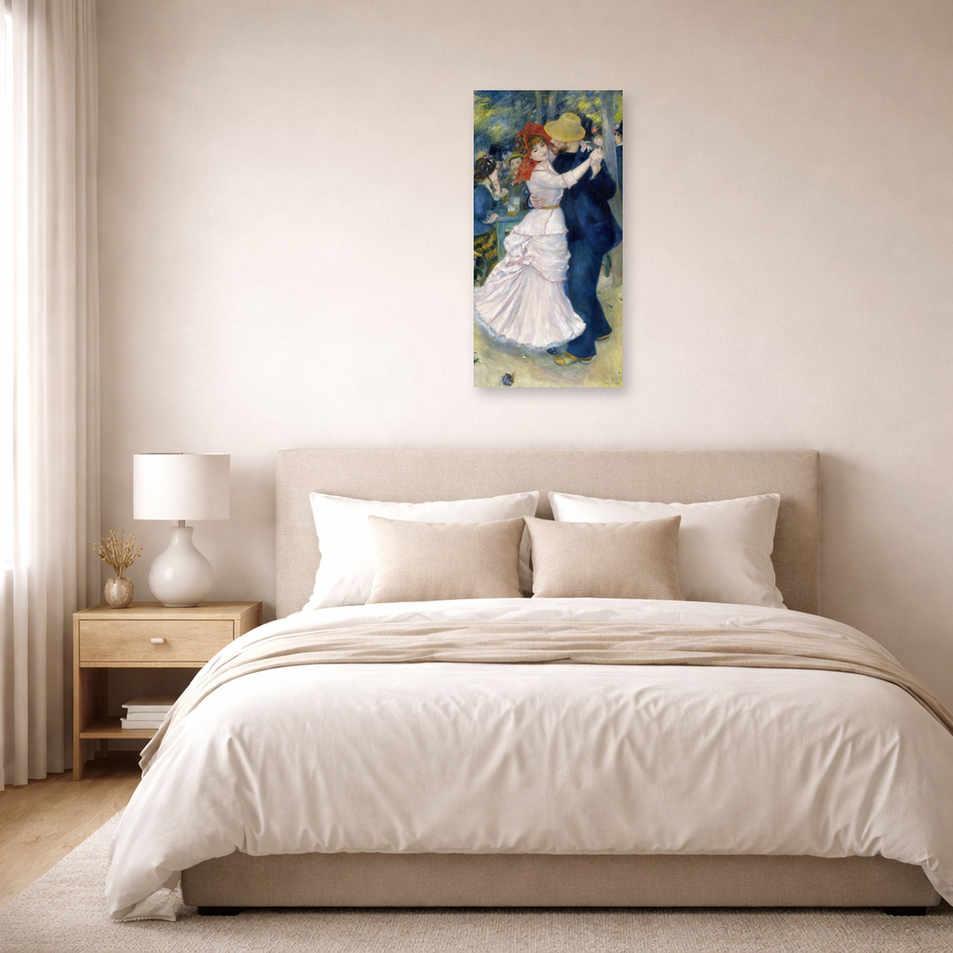 Unframed poster print of Pierre-Auguste Renoir's Dance at Bougival displayed on a wall in a bedroom