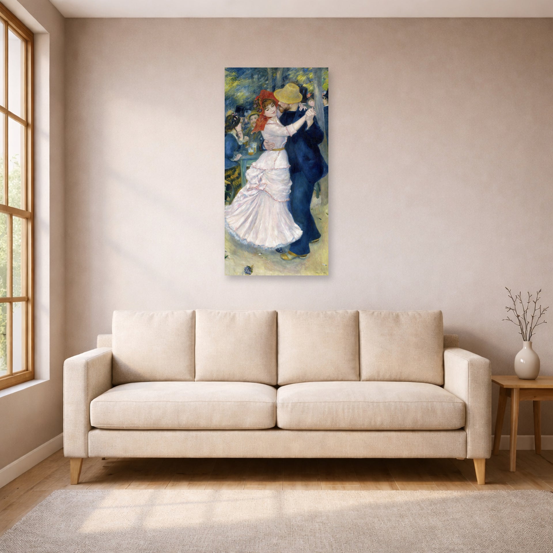 Unframed poster print of Pierre-Auguste Renoir's Dance at Bougival displayed on a wall in a living room