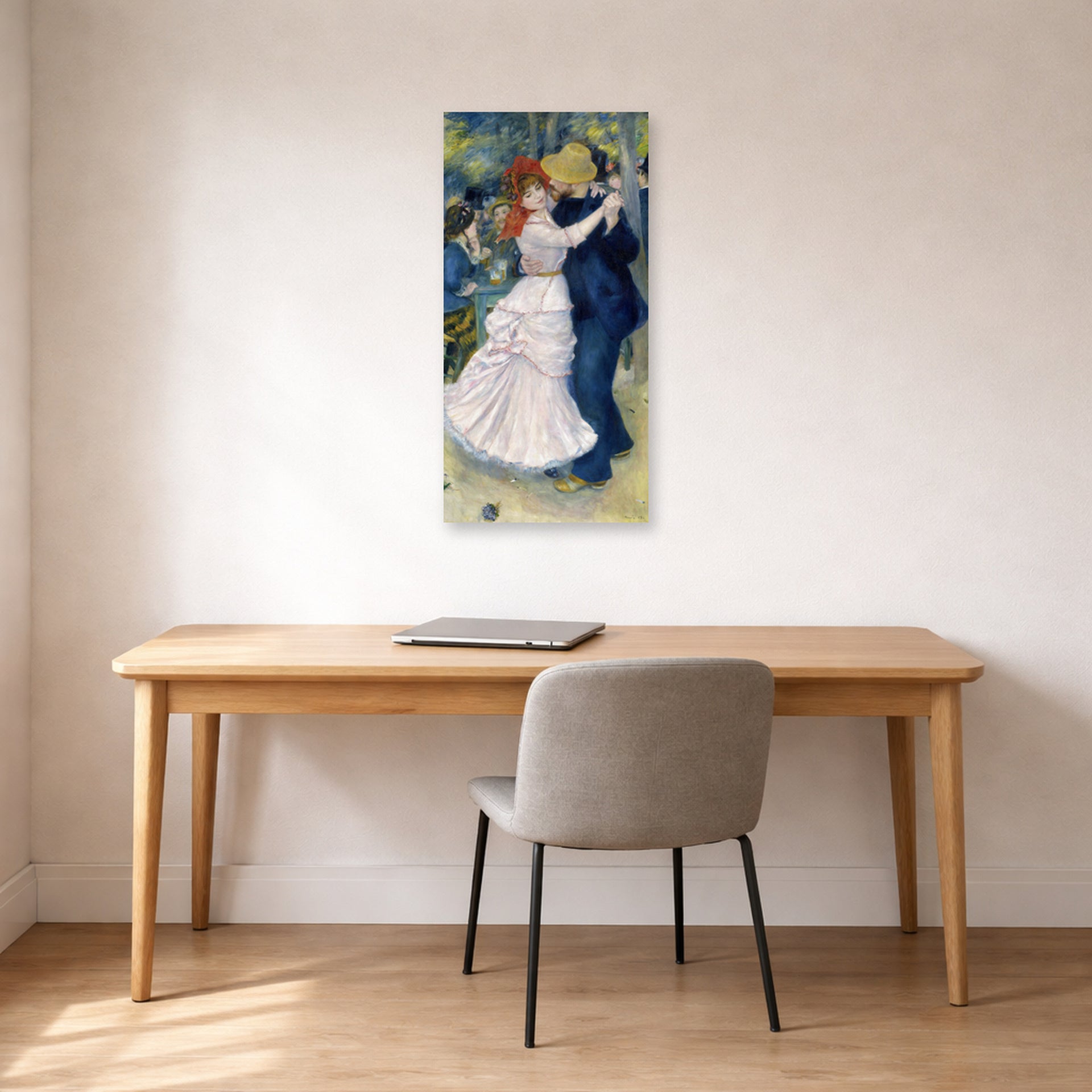 Unframed poster print of Pierre-Auguste Renoir's Dance at Bougival displayed on a wall in an office