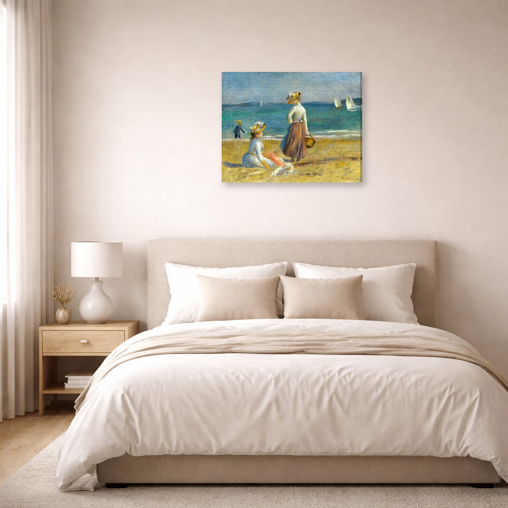 Gallery-wrapped canvas print of Pierre-Auguste Renoir's Figures on the Beach displayed on a wall in a bedroom
