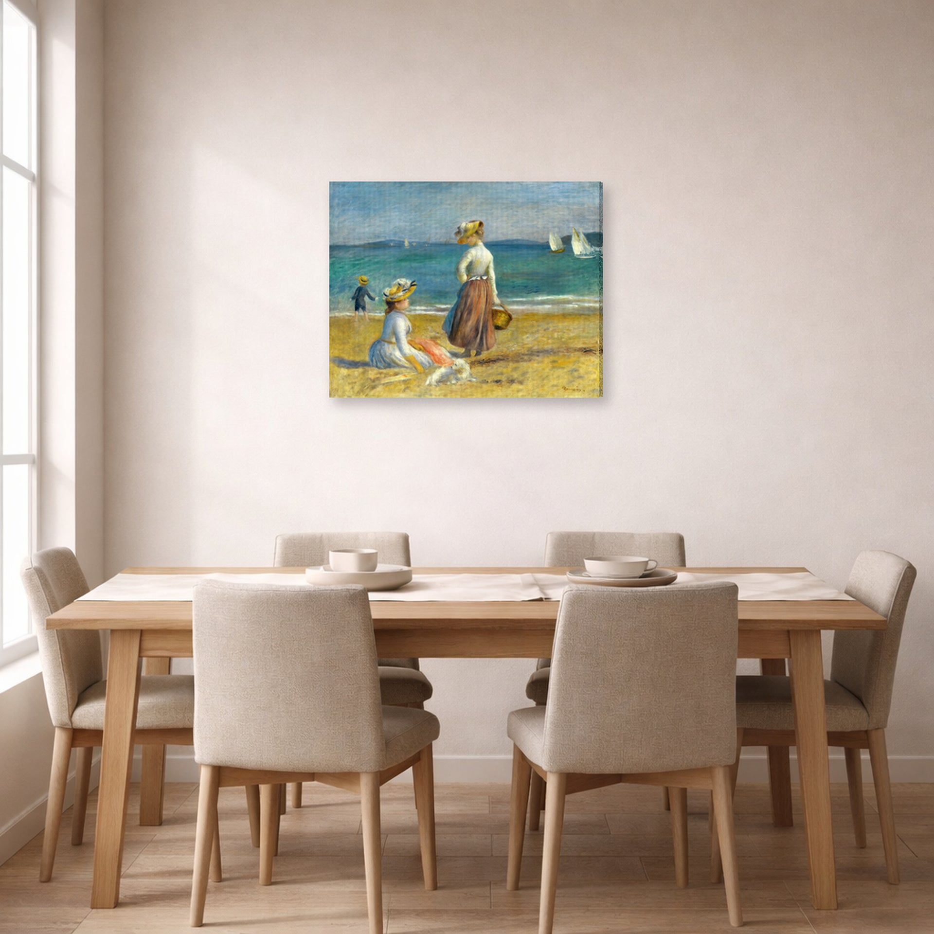 Gallery-wrapped canvas print of Pierre-Auguste Renoir's Figures on the Beach displayed on a wall in a dining room