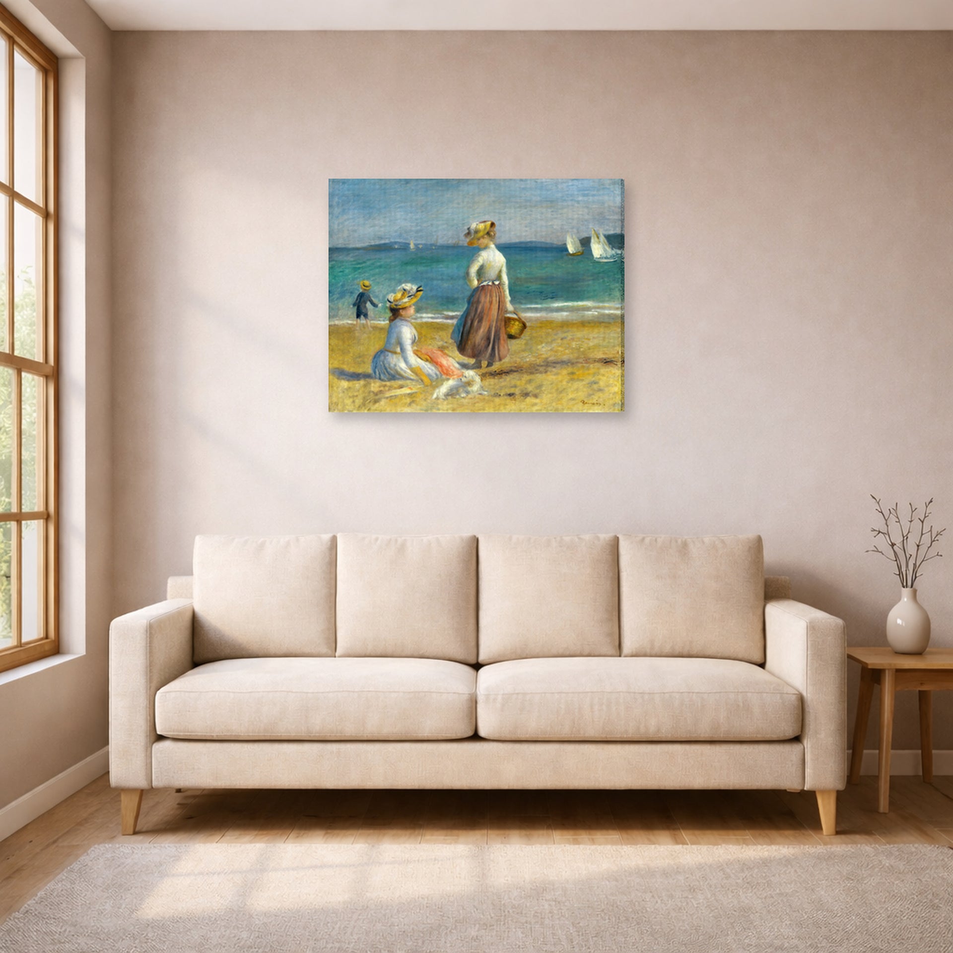 Gallery-wrapped canvas print of Pierre-Auguste Renoir's Figures on the Beach displayed on a wall in a living room