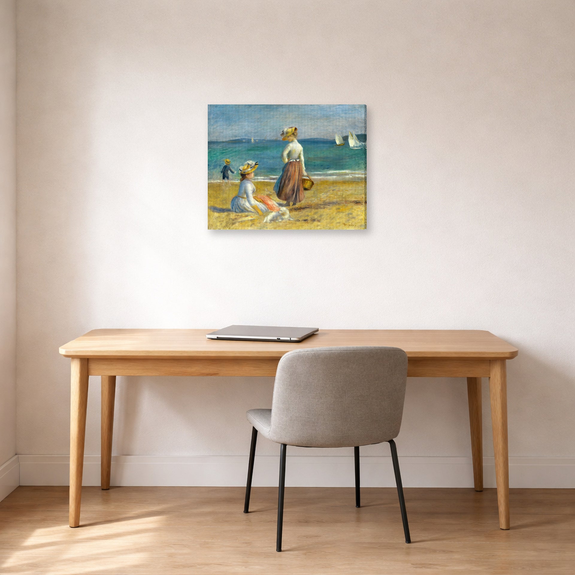 Gallery-wrapped canvas print of Pierre-Auguste Renoir's Figures on the Beach displayed on a wall in an office