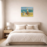 Unframed poster print of Pierre-Auguste Renoir's Figures on the Beach displayed on a wall in a bedroom