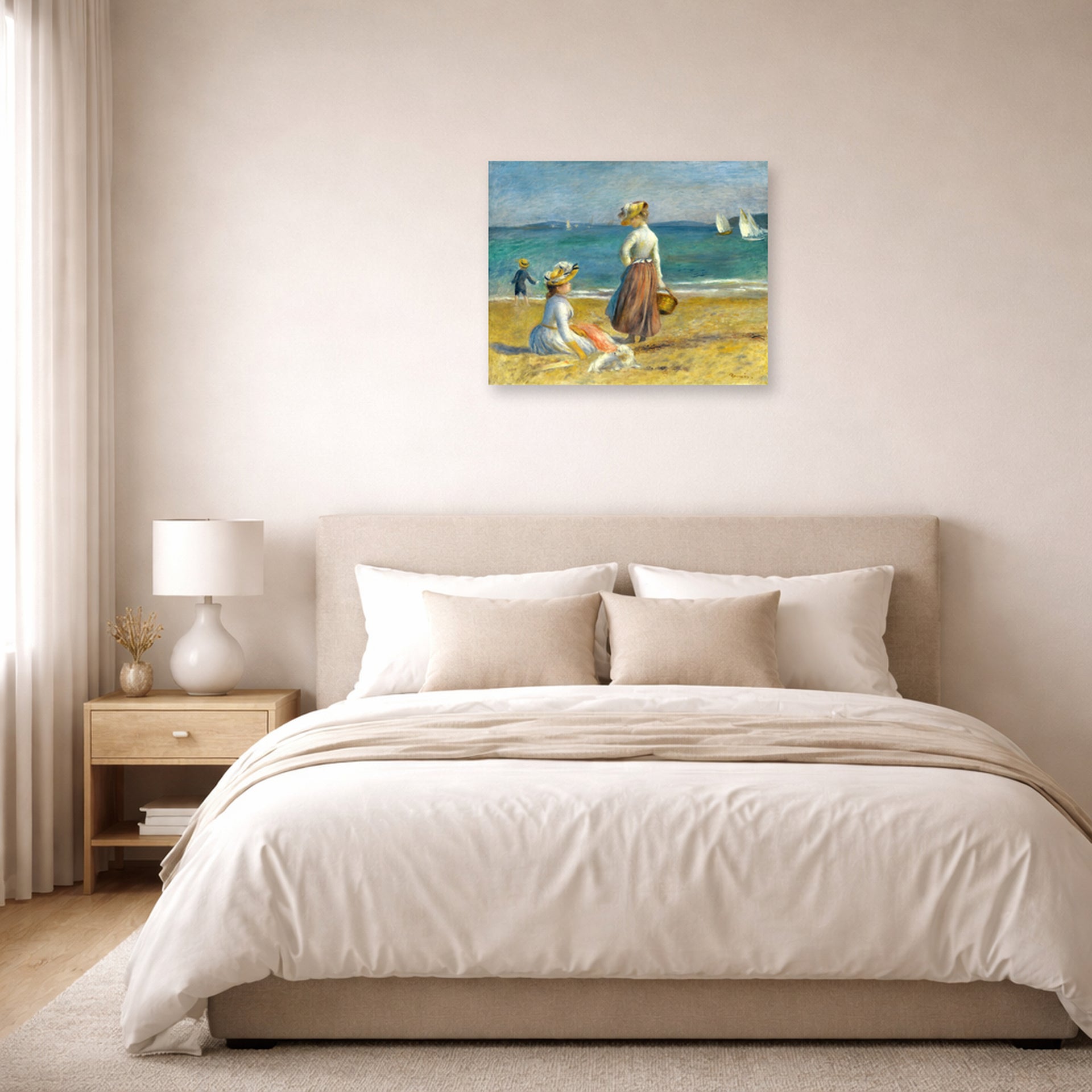 Unframed poster print of Pierre-Auguste Renoir's Figures on the Beach displayed on a wall in a bedroom