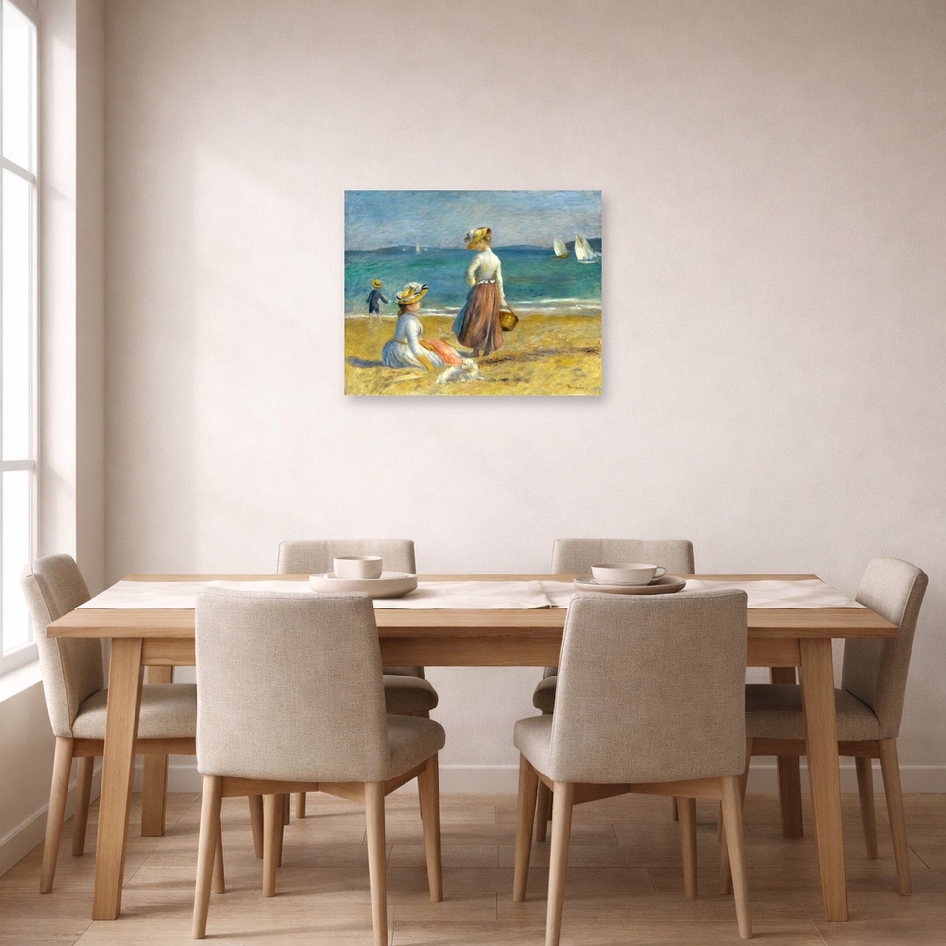 Unframed poster print of Pierre-Auguste Renoir's Figures on the Beach displayed on a wall in a dining room