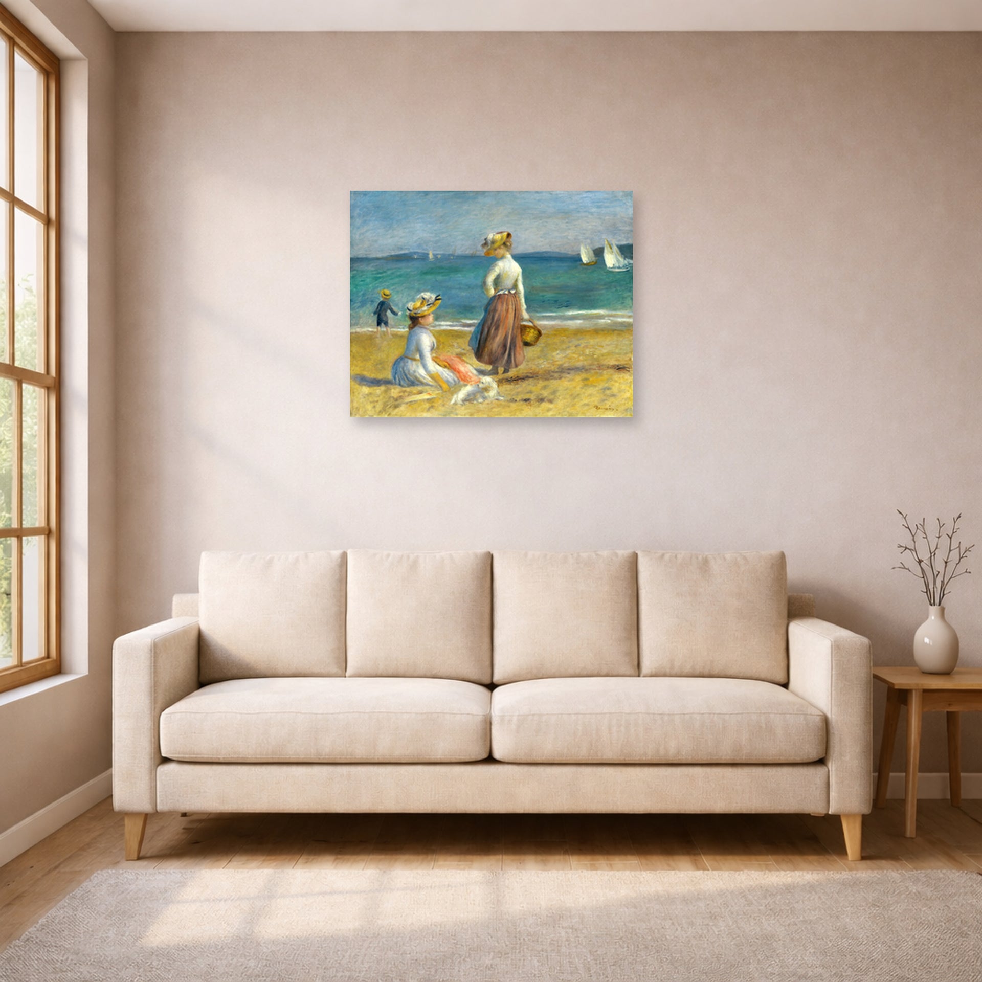 Unframed poster print of Pierre-Auguste Renoir's Figures on the Beach displayed on a wall in a living room