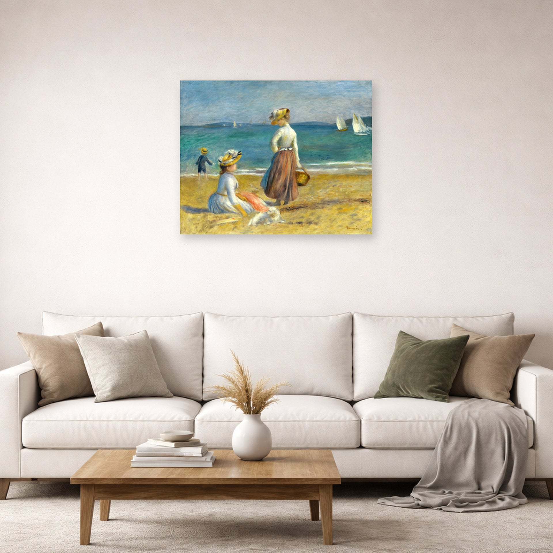 Unframed poster print of Pierre-Auguste Renoir's Figures on the Beach displayed on a wall in a living room