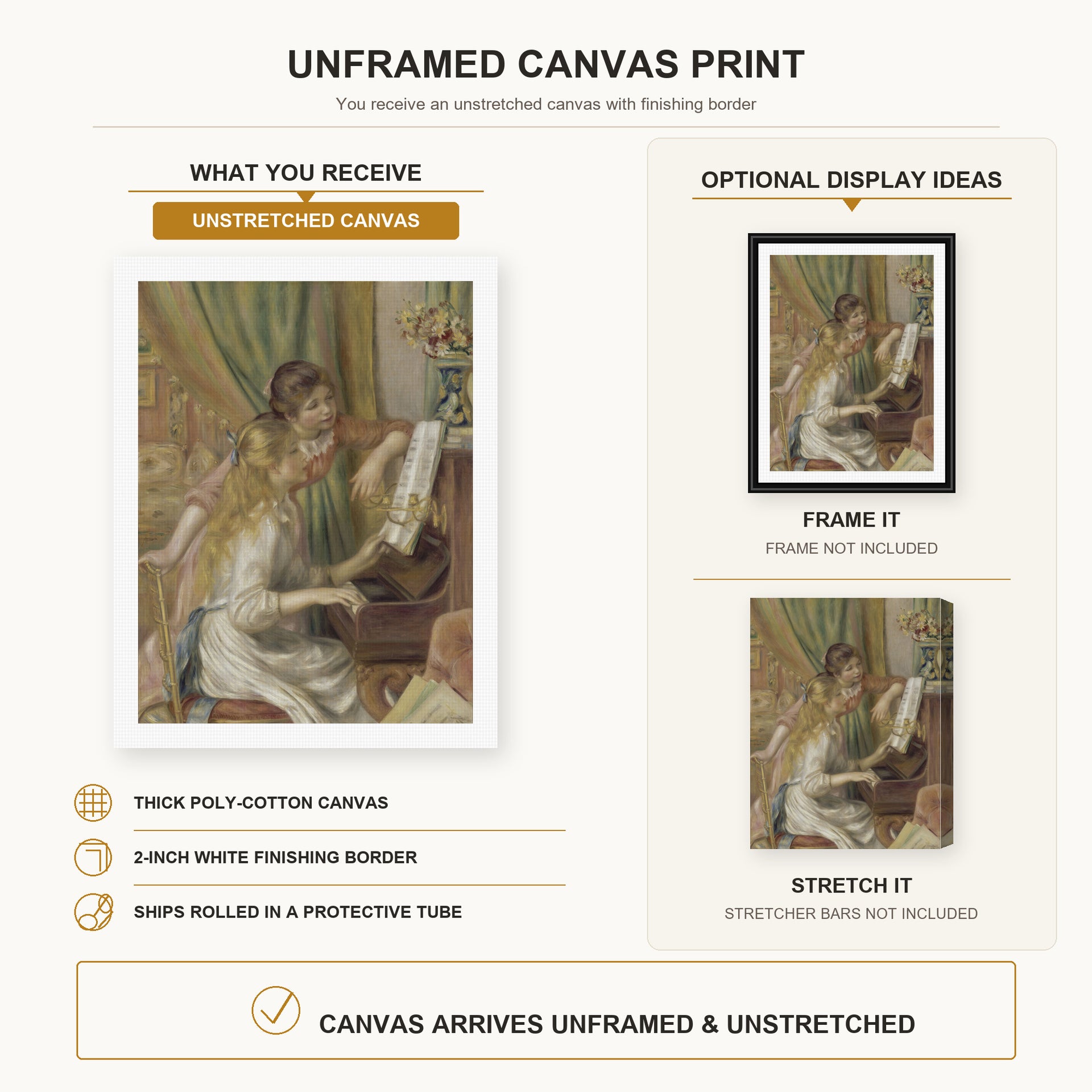 Pierre-Auguste Renoir - Girls at the Piano canvas print size comparison and framing display infographic