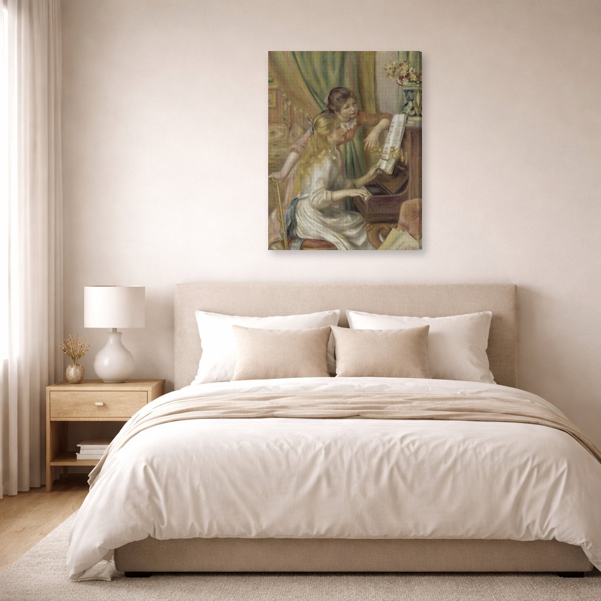 Gallery-wrapped canvas print of Pierre-Auguste Renoir's Girls at the Piano displayed on a wall in a bedroom