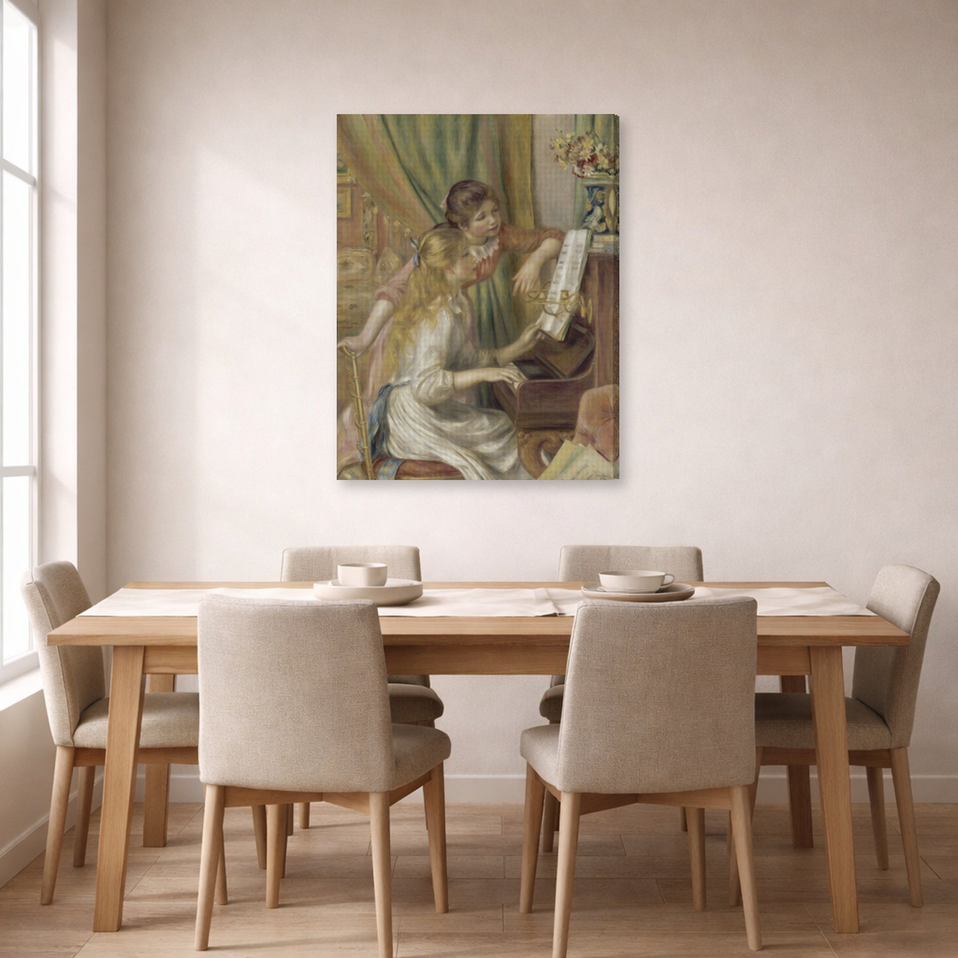 Gallery-wrapped canvas print of Pierre-Auguste Renoir's Girls at the Piano displayed on a wall in a dining room
