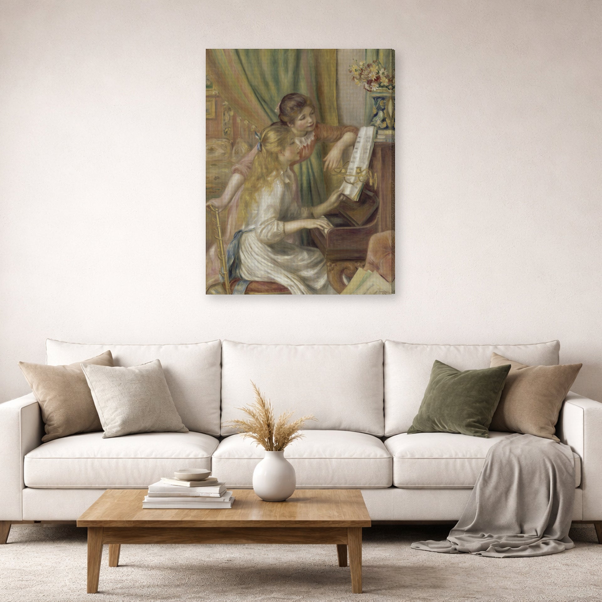 Gallery-wrapped canvas print of Pierre-Auguste Renoir's Girls at the Piano displayed on a wall in a living room