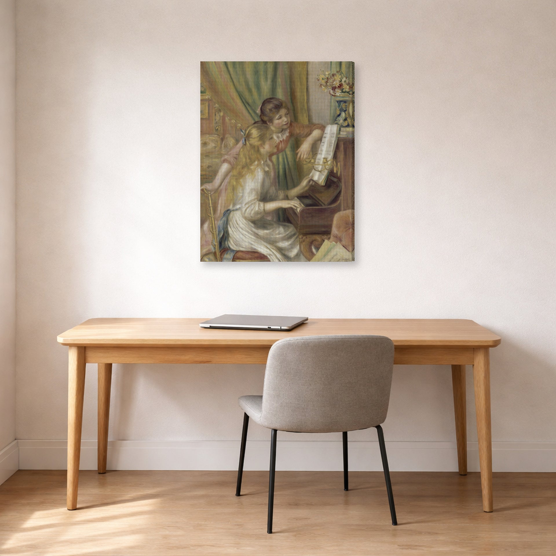 Gallery-wrapped canvas print of Pierre-Auguste Renoir's Girls at the Piano displayed on a wall in an office