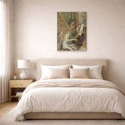 Unframed poster print of Pierre-Auguste Renoir's Girls at the Piano displayed on a wall in a bedroom