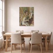Unframed poster print of Pierre-Auguste Renoir's Girls at the Piano displayed on a wall in a dining room