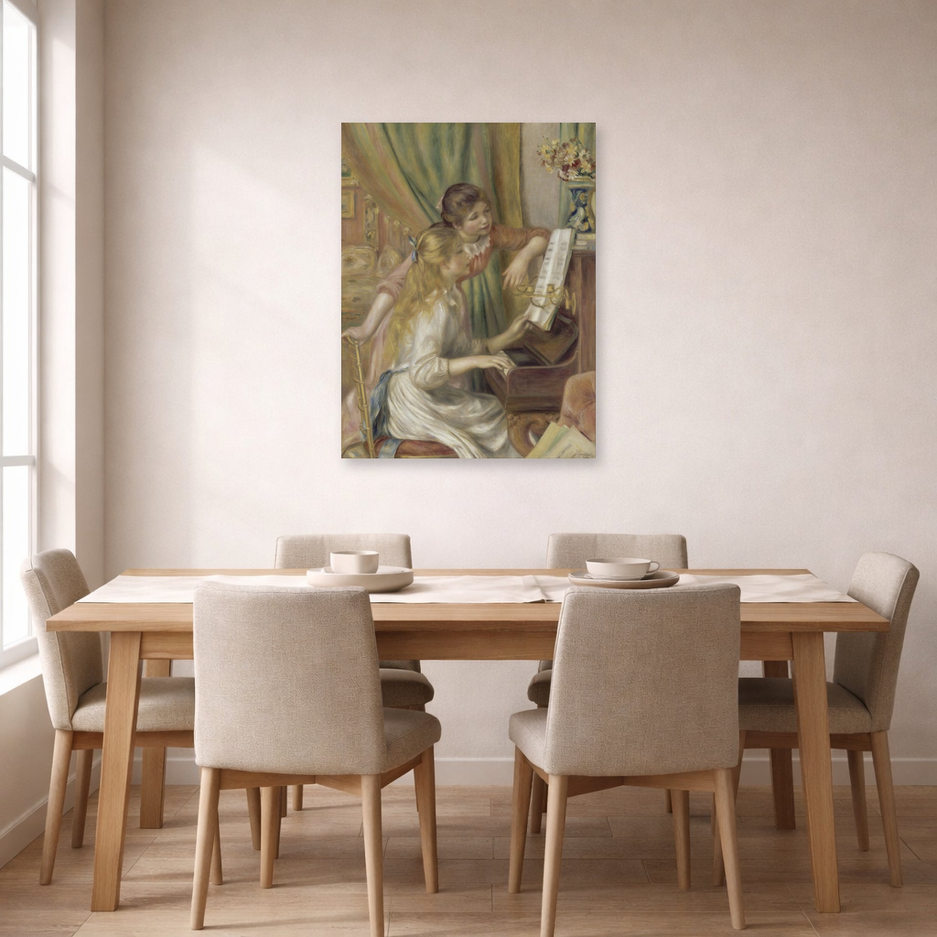 Unframed poster print of Pierre-Auguste Renoir's Girls at the Piano displayed on a wall in a dining room