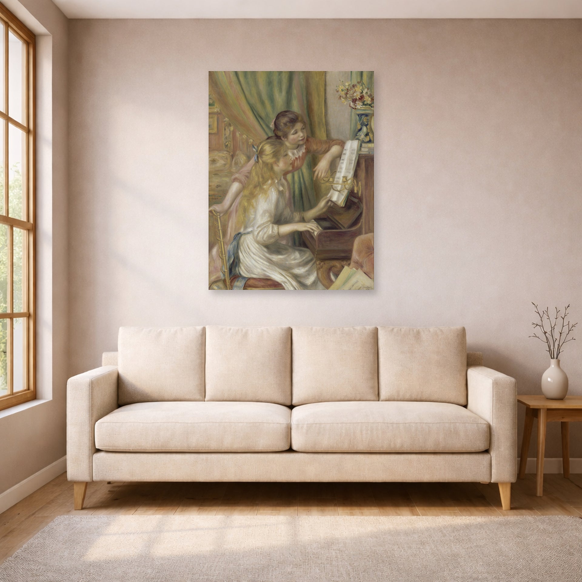 Unframed poster print of Pierre-Auguste Renoir's Girls at the Piano displayed on a wall in a living room