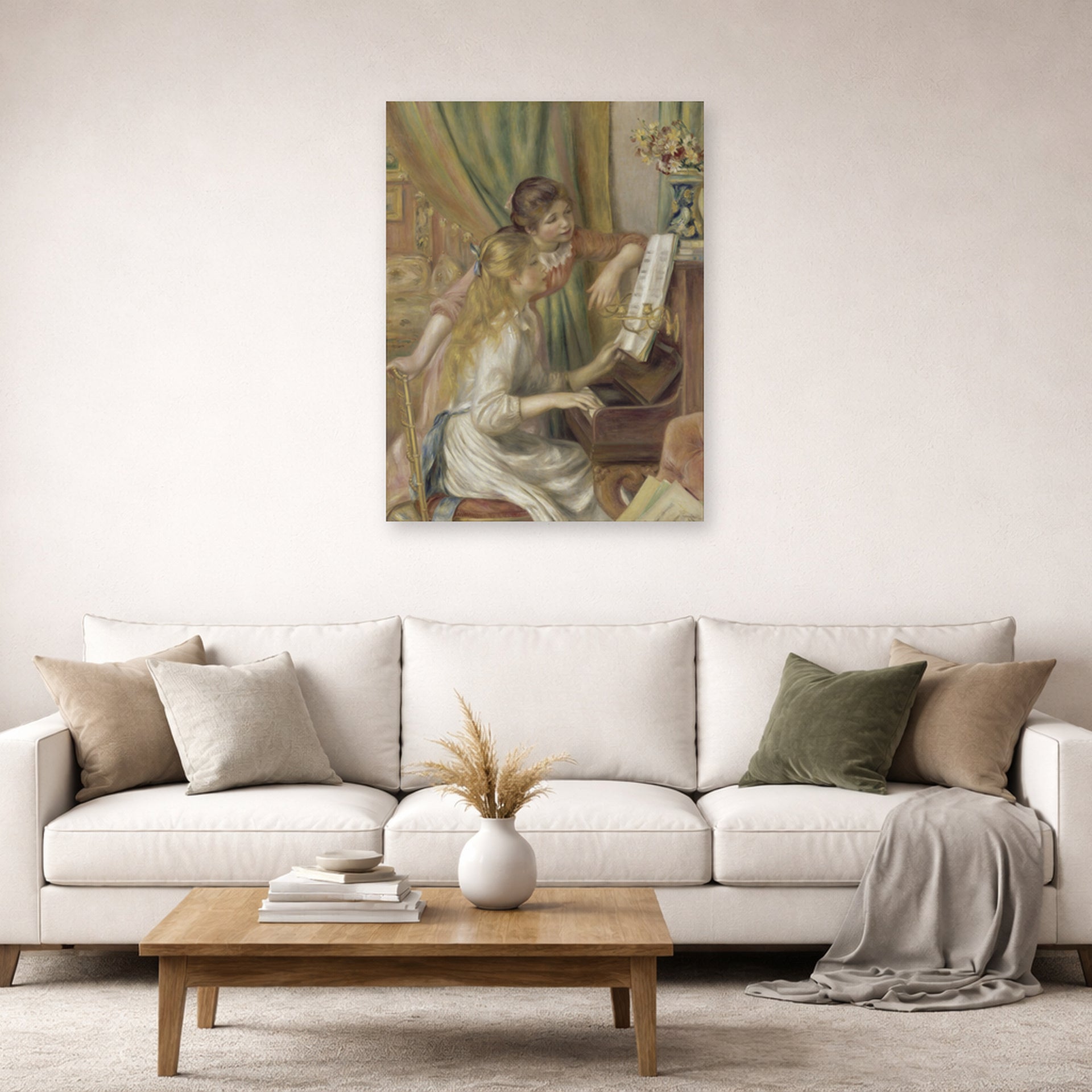 Unframed poster print of Pierre-Auguste Renoir's Girls at the Piano displayed on a wall in a living room