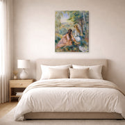 Gallery-wrapped canvas print of Pierre-Auguste Renoir's In the Meadow displayed on a wall in a bedroom
