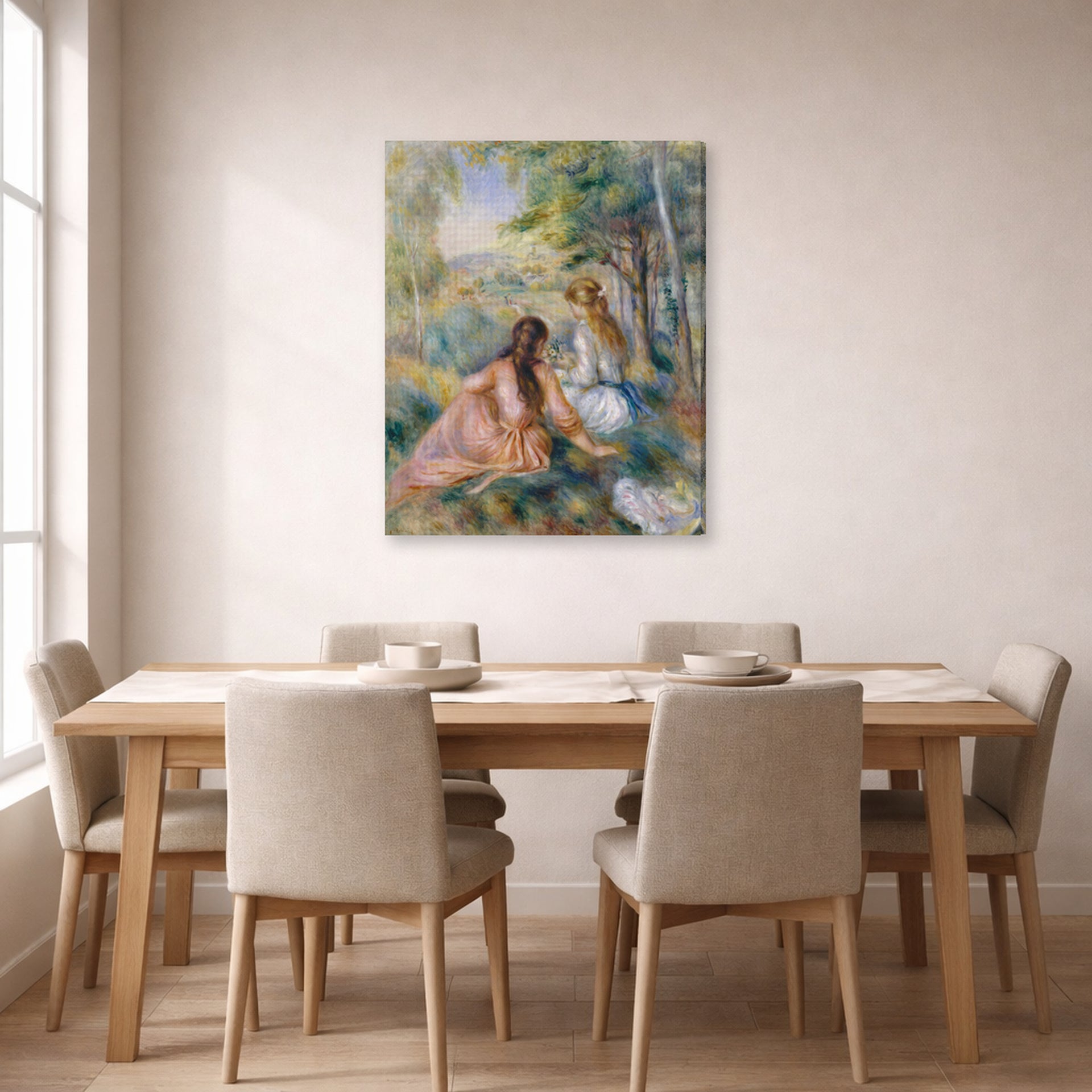Gallery-wrapped canvas print of Pierre-Auguste Renoir's In the Meadow displayed on a wall in a dining room