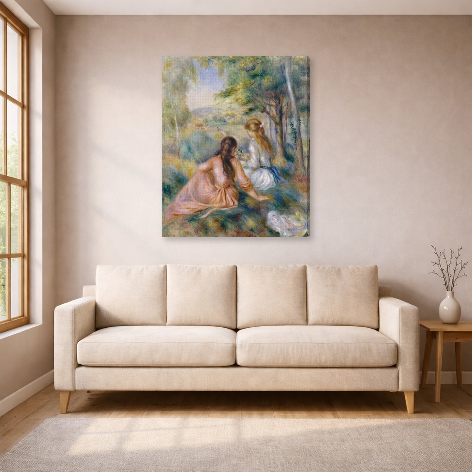 Gallery-wrapped canvas print of Pierre-Auguste Renoir's In the Meadow displayed on a wall in a living room