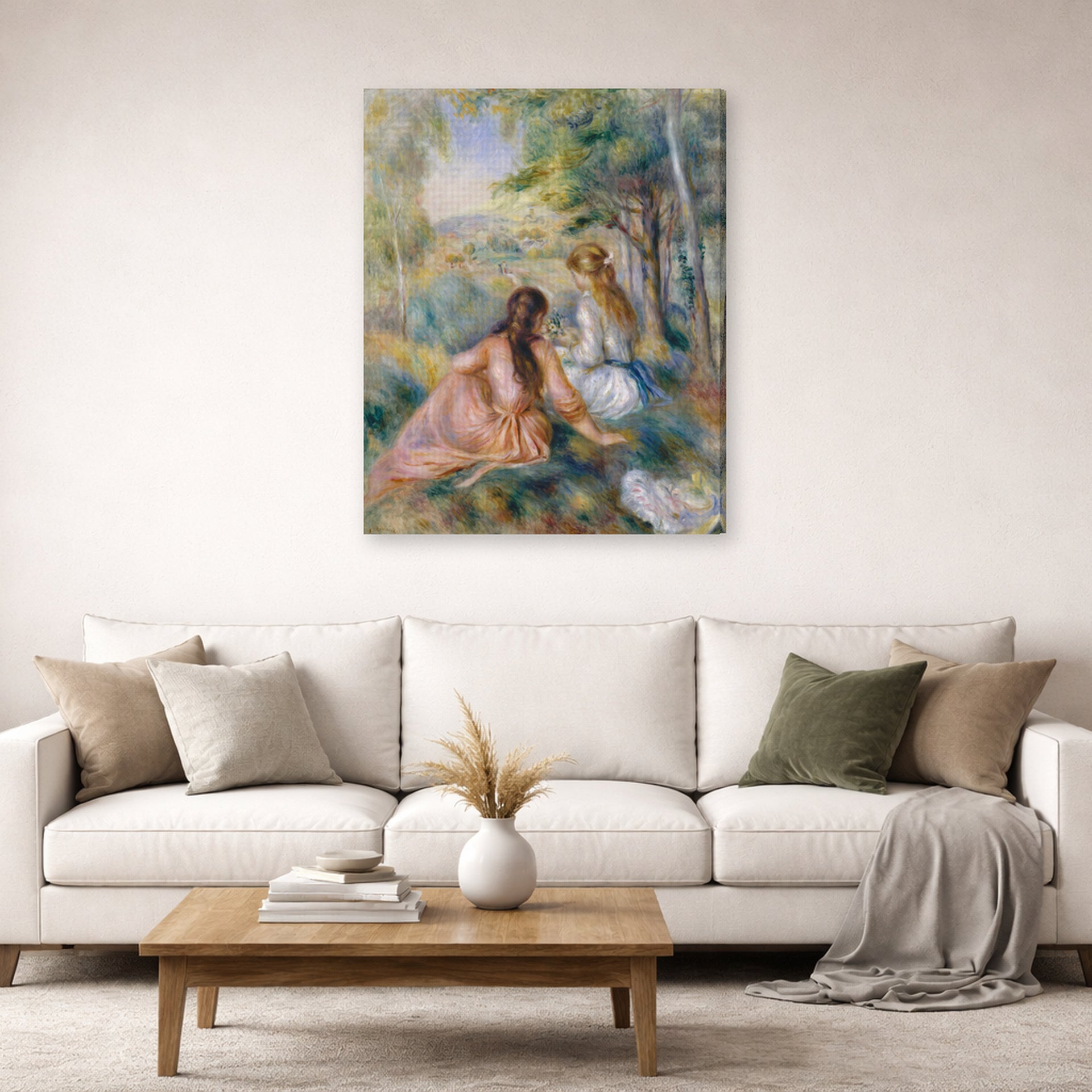 Gallery-wrapped canvas print of Pierre-Auguste Renoir's In the Meadow displayed on a wall in a living room