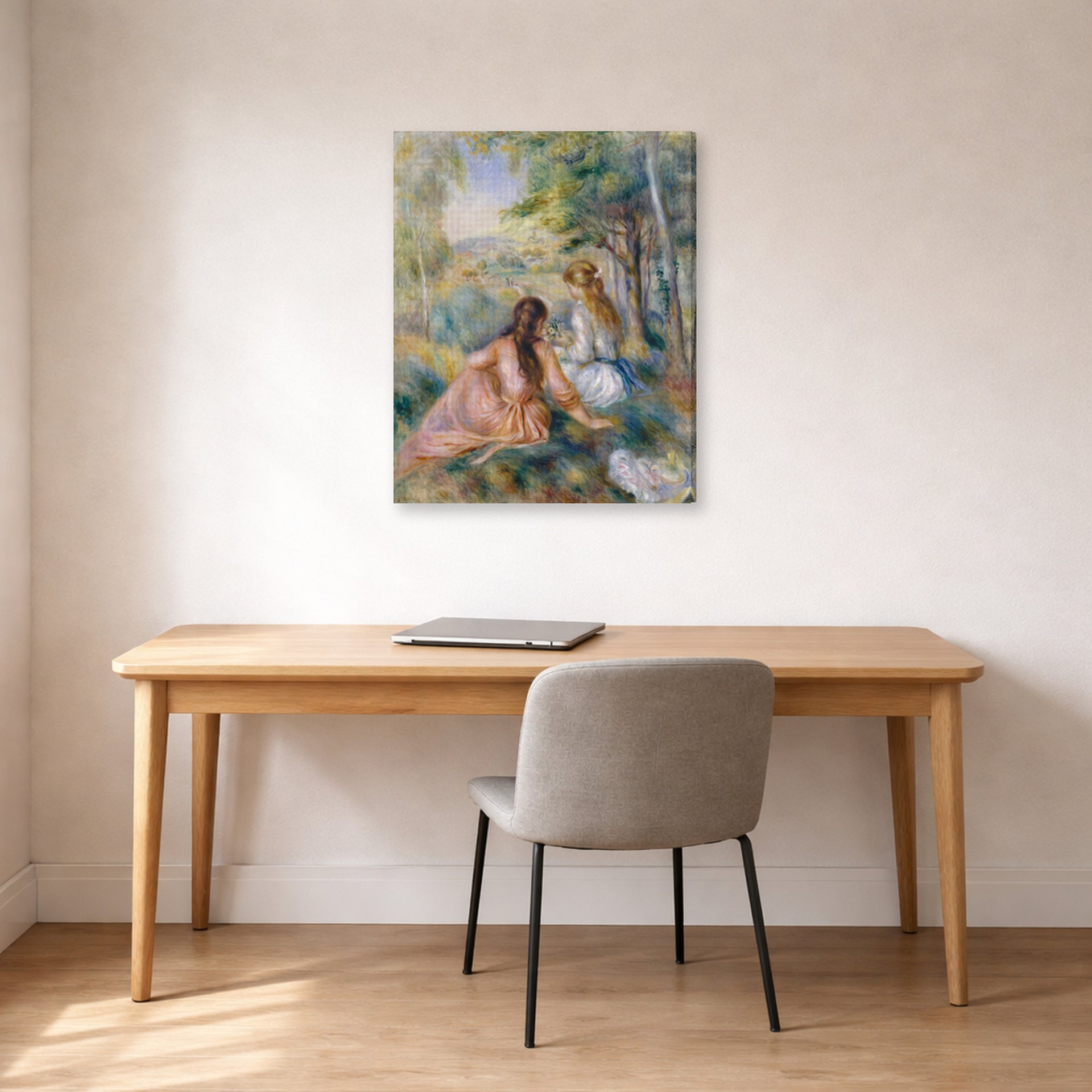 Gallery-wrapped canvas print of Pierre-Auguste Renoir's In the Meadow displayed on a wall in an office