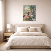 Unframed poster print of Pierre-Auguste Renoir's In the Meadow displayed on a wall in a bedroom