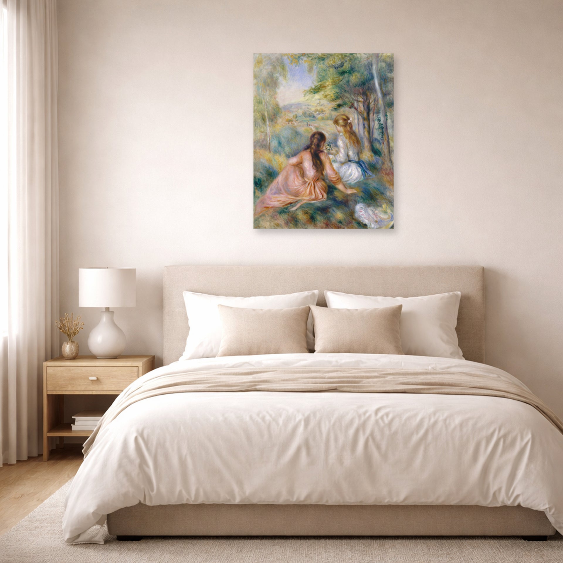 Unframed poster print of Pierre-Auguste Renoir's In the Meadow displayed on a wall in a bedroom