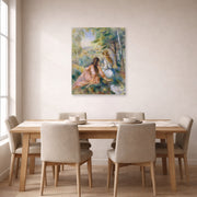Unframed poster print of Pierre-Auguste Renoir's In the Meadow displayed on a wall in a dining room