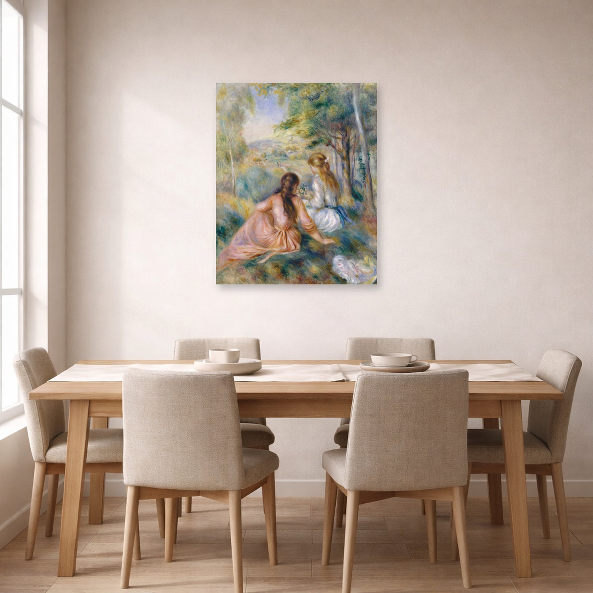 Unframed poster print of Pierre-Auguste Renoir's In the Meadow displayed on a wall in a dining room